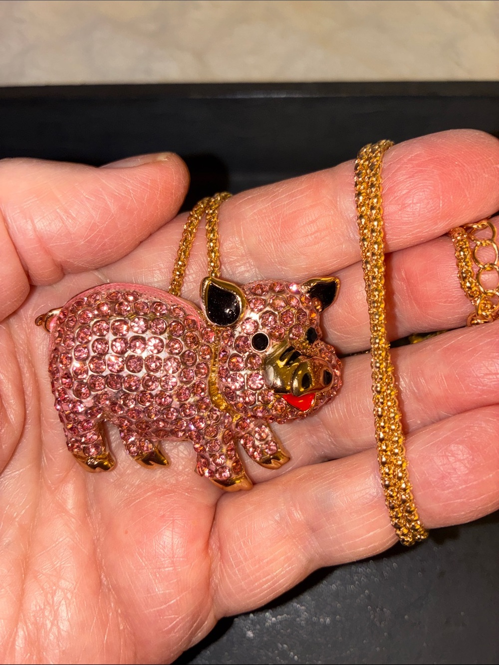 Gold-Tone Pink Crystal Pig Pendant Necklace